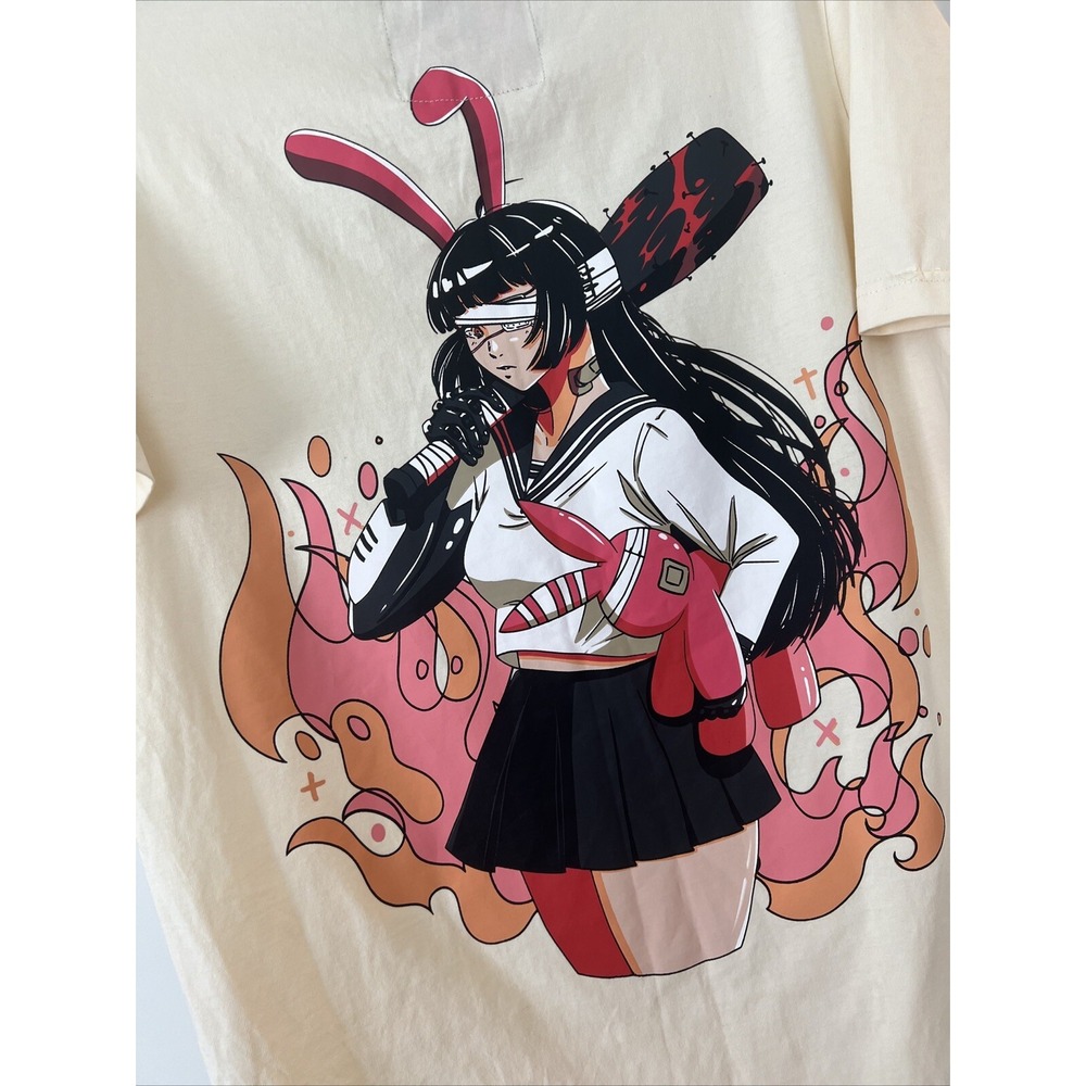 Praying Rabbit Crew Neck Men's Medium Unisex SS Shirt Emiko‎ Cream Beige Anime